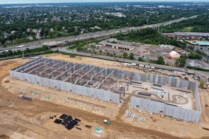  In this aerial view, construction continues on an Amazon last-mile warehouse that is being erected on the former site of Cerro Wire on August 20, 2021 in Syosset, New York