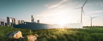 Wind turbines and solar panels in the distance.